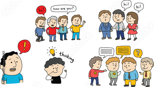 Cartoon people communication scenes, greetings, conversations, thinking ideas, brainstorming teamwork, social interaction icons, speech bubbles characters, flat vector illustration
