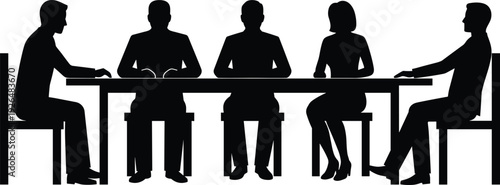 Business Meeting Silhouettes, Corporate Team Discussion Around Table, Professional Men and Women Conference, Isolated Black Figures
