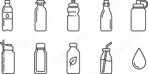 Set of nine empty cosmetic and skincare bottles with dropper and spray flat design vector illustration