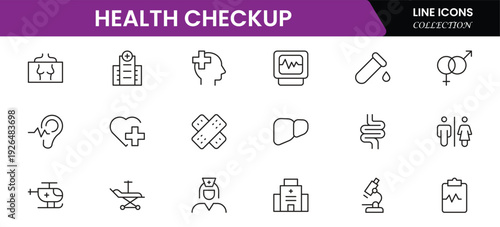 Health checkup icons depicting medical examination, stethoscope, heartbeat, diagnostics, hospital, doctor consultation, tests, reports, wellness, prevention, monitoring, clinic, healthcare, appointmen
