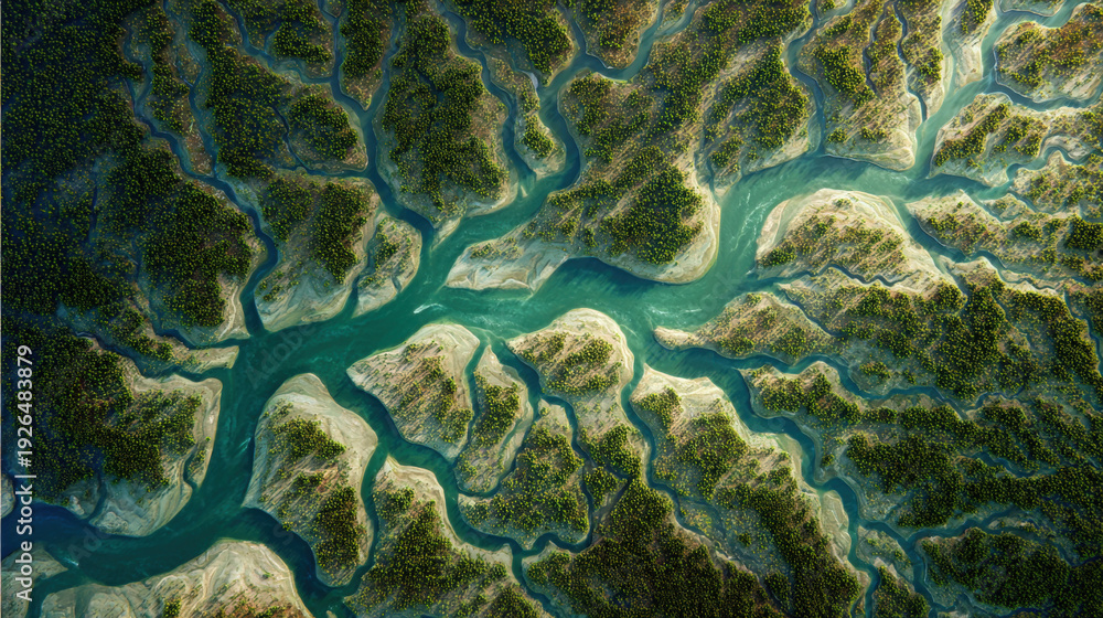 custom made wallpaper toronto digitalA green and blue landscape with a river running through it. The water is clear and the trees are lush and green