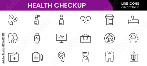 Health checkup icons depicting medical examination, stethoscope, heartbeat, diagnostics, hospital, doctor consultation, tests, reports, wellness, prevention, monitoring, clinic, healthcare, appointmen