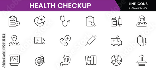 Health checkup icons depicting medical examination, stethoscope, heartbeat, diagnostics, hospital, doctor consultation, tests, reports, wellness, prevention, monitoring, clinic, healthcare, appointmen