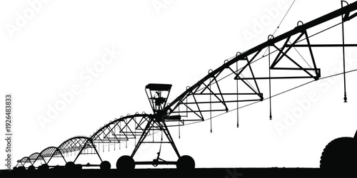 Center pivot irrigation system silhouette on farmland, agricultural sprinkler machine watering crops, flat vector illustration isolated