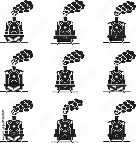 black steam train engine icons emitting smoke