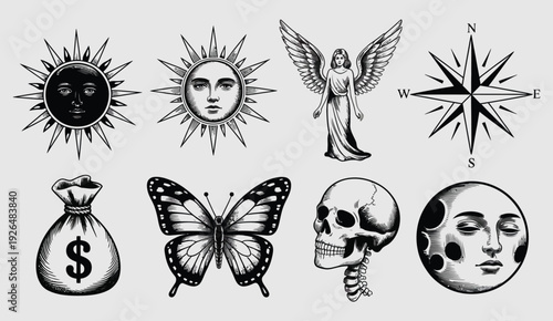 antique celestial mystical illustration collection, sun and moon phases constellations zodiac signs and esoteric symbols isolated on transparent background.