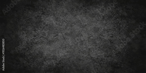 A dark grunge background features a textured black and white stone wall with a rough grey concrete surface and aged vintage paper pattern for a dirty backdrop design