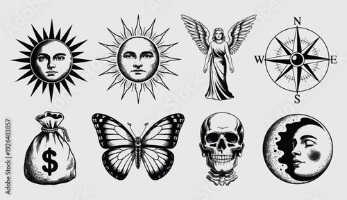 vintage celestial and mystical illustrations on transparent background, sun moon stars zodiac symbols alchemy elements and occult engravings vector set.