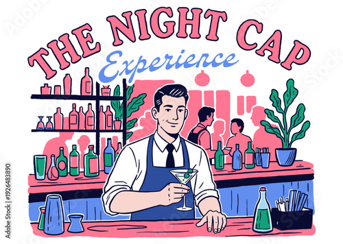 Smiling bartender serving martini. Retro bar illustration. Friendly mixologist behind counter. Vintage nightlife graphic. Nightcap experience concept.