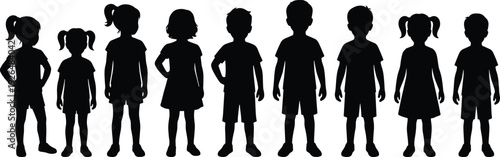 Children silhouette set, boys and girls standing poses isolated on white background, kindergarten kids collection, flat vector illustration