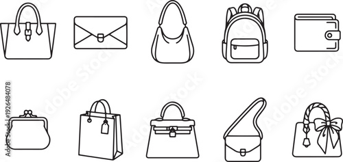 Collection of ten stylish handbags and purses flat design vector illustration isolated on white background
