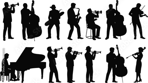 Jazz band musicians silhouette collection, trumpet saxophone double bass piano violin players, isolated black flat vector illustration set