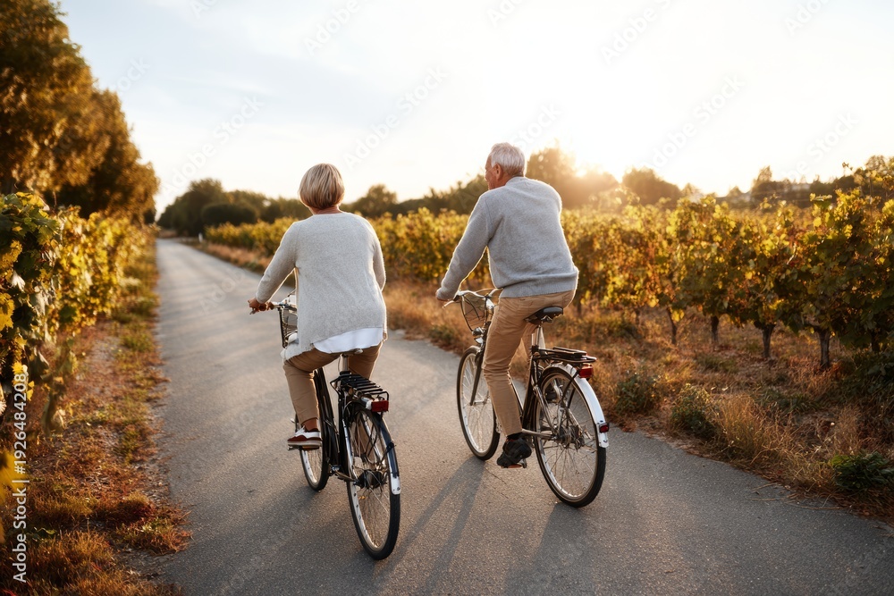 Fototapeta premium Back view of an elderly man and woman cycling through a scenic grape plantation under golden hour light to illustrate vitality partnership and wellness in later life