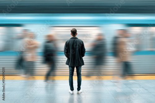 Man standing still on a subway platform with a fast moving train in the background for urban loneliness and speed of life concept