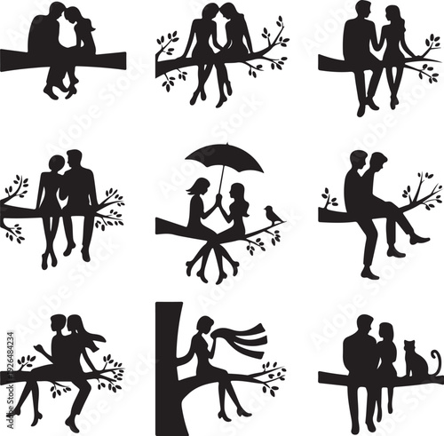 black silhouettes of couples sitting on tree branches