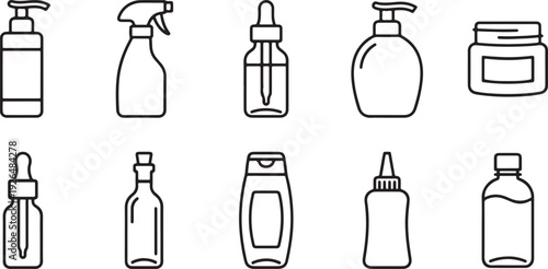 Set of 10 household cleaning product bottles and spray containers flat design vector illustration