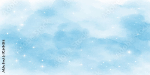 Azure Skies: An ethereal watercolor painting of a dreamy, cerulean sky filled with fluffy clouds and shimmering stars, evoking a sense of tranquility.