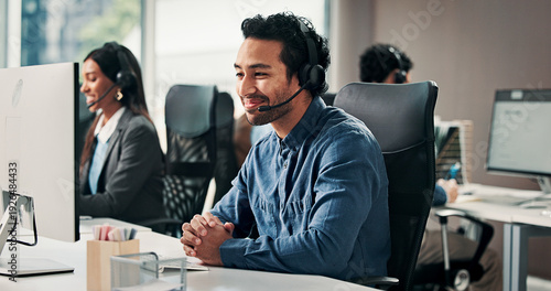 Canvastavla Telemarketing, team and conversation in call center with computer, life insurance advice and help