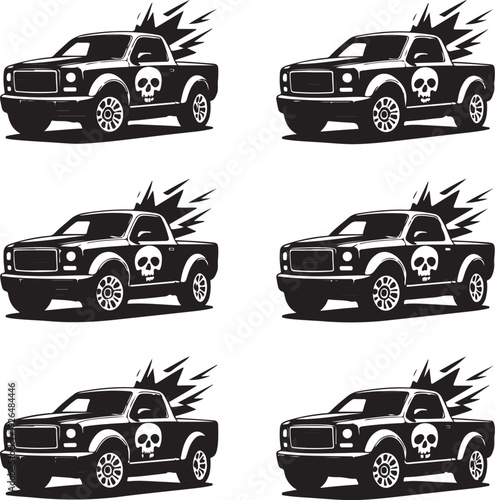 black trucks with skulls and lightning bolts on white background