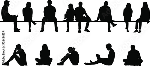 Black silhouettes of diverse people sitting on bench and floor in various poses including men and women using laptops and resting on white background