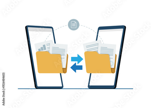 Smartphone data transfer and file sharing concept stock illustration.