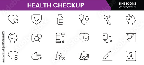 Health checkup icons depicting medical examination, stethoscope, heartbeat, diagnostics, hospital, doctor consultation, tests, reports, wellness, prevention, monitoring, clinic, healthcare, appointmen