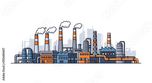 Industrial complex illustration depicting factories with smoke stacks and pipes.