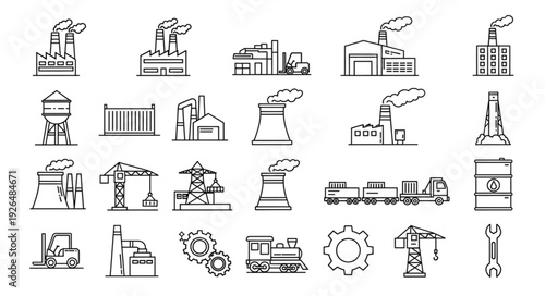 Collection of industrial factory icons representing manufacturing and production processes.
