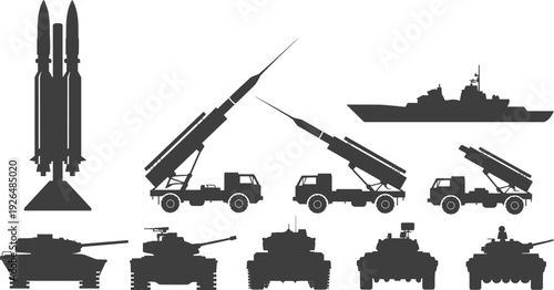 Military missile launchers tanks and warship silhouettes collection, army defense vehicles set, flat vector illustration