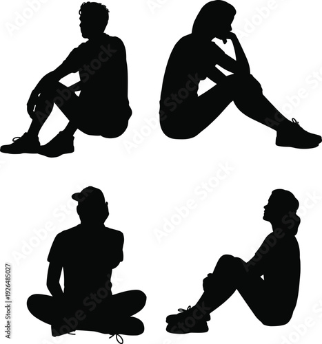 Black silhouettes of men and women sitting on floor in casual poses, set of contemplative people resting and thinking for vector lifestyle graphic design.
