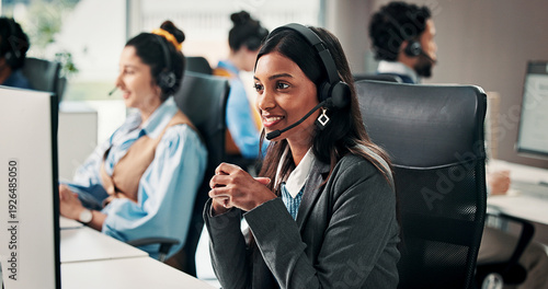 Photos Call center, computer and woman in office, internet or communication with system solution