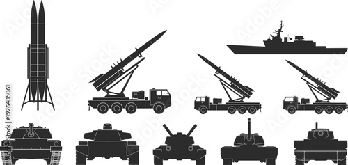Military vehicles and missile systems silhouette set, tanks rocket launchers warship transporters, flat vector illustration collection