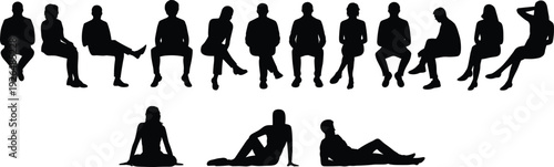 Black silhouettes collection of men and women sitting and reclining in various poses, diverse group of people for architectural visualization and graphic design layout.
