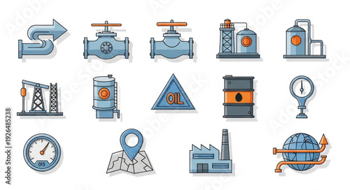 Collection of industrial icons representing oil and gas industry elements for design.