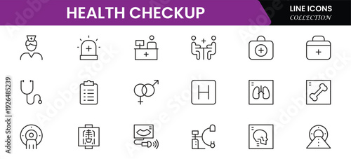 Health checkup icons depicting medical examination, stethoscope, heartbeat, diagnostics, hospital, doctor consultation, tests, reports, wellness, prevention, monitoring, clinic, healthcare, appointmen