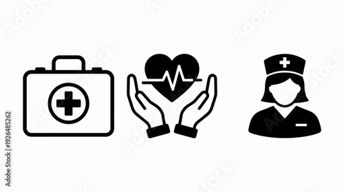 Medical Healthcare Vector Icons Set – First Aid Kit, Heart Care, Nurse Clipboard, Emergency Hospital Symbols, Professional Medical Services, Healthcare Support, Doctor Tools, Vector Illustration