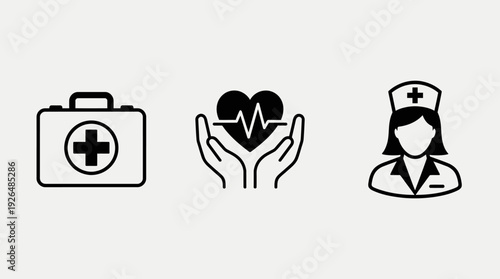 Medical Healthcare Vector Icons Set – First Aid Kit, Heart Care, Nurse Clipboard, Emergency Hospital Symbols, Professional Medical Services, Healthcare Support, Doctor Tools, Vector Illustration