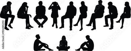Vector Silhouette Collection of Men and Women Sitting in Various Poses Including Thinking Waiting and Relaxing Set Isolated on White Background for Graphic Design