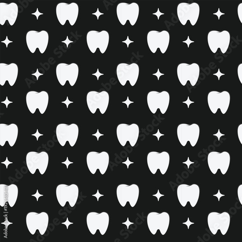 White tooth seamless pattern on black background for dental clinic uniform. Health concept