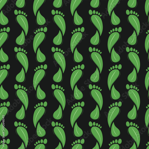 Green footprint and leaf seamless pattern on black background for eco brand. Nature footstep design