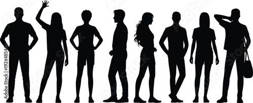 Diverse group of eight young men and women silhouettes standing in various poses including waving and profile views isolated on a clean white background