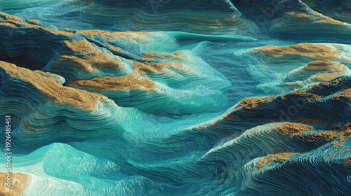 Wallpaper Mural A blue and brown landscape with a body of water in the middle. The water is calm and the landscape is rocky Torontodigital.ca