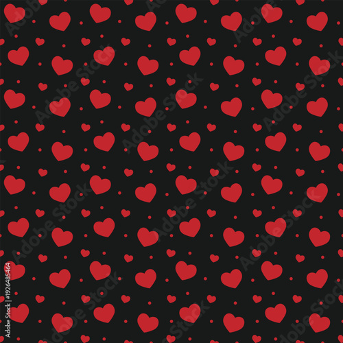 Seamless pattern with scattered red hearts and tiny dots on black for romantic decor.