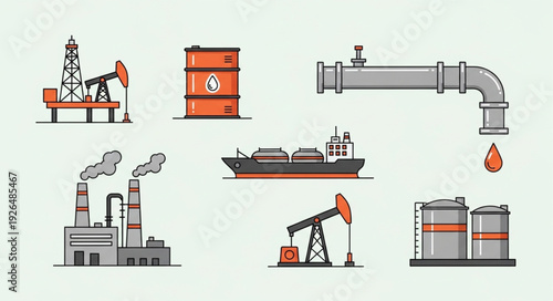 Oil and gas industry production and transportation process illustration with various elements.
