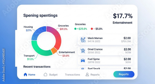 Personal finance dashboard with spending breakdown and recent transactions on a blue gradient background