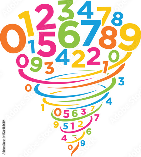 Colorful numbers spiral swirl design, abstract mathematics concept with digits isolated on white background, creative flat vector illustration