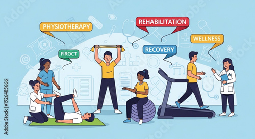 Physiotherapy and rehabilitation team working together for recovery and wellness in a modern gym setting with diverse exercises