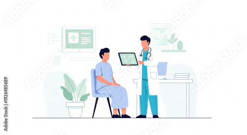 Doctor and patient discussing medical records in a clinic with a plant