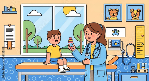 Smiling doctor showing colorful medicine bottle to cheerful young boy in pediatric clinic office
