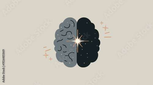 A stylized illustration features a brain split into light and dark halves, with a central burst of light